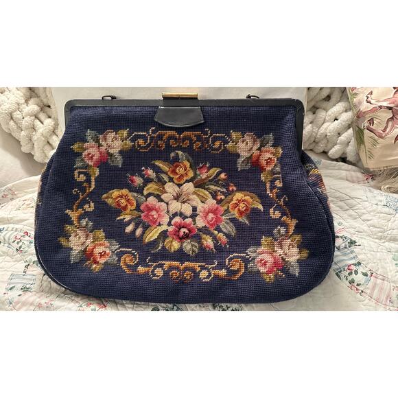 GIANT VINTAGE 50's 60's DENIM BLUE NEEDLEPOINT FLORAL FRAME BAG - Picture 10 of 12
